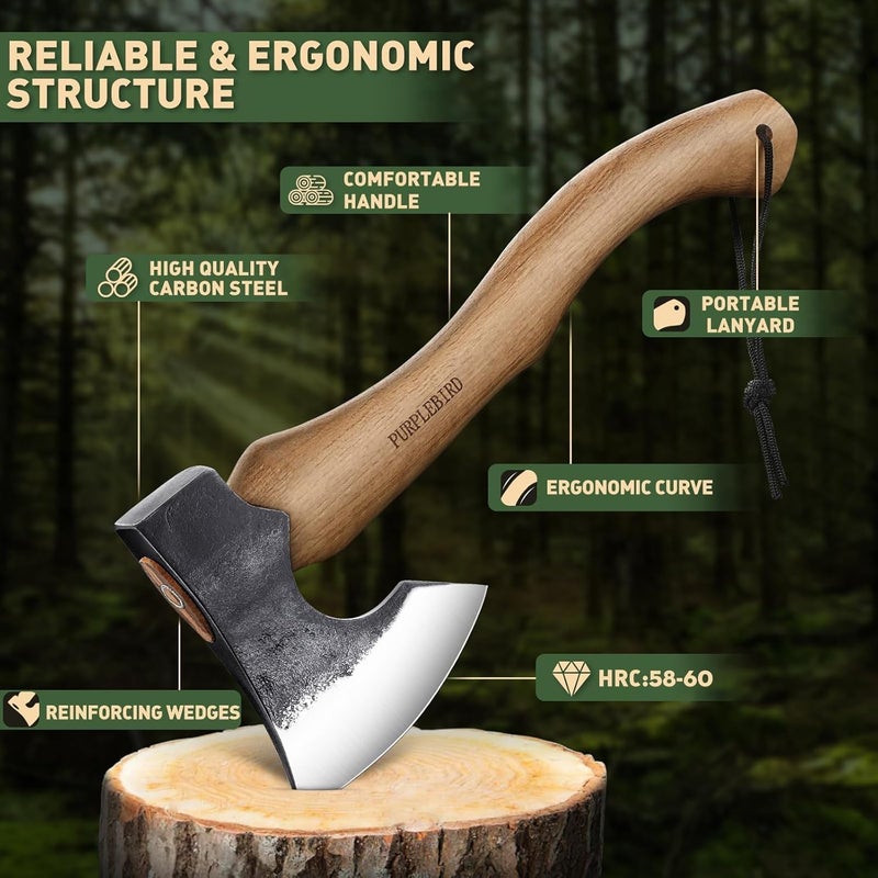 PURPLEBIRD Hatchet Axe with Sheath for Camping, 15 Inch Bushcraft Axe Carbon Steel Chopping Axes Wood Handle Splitting Axes, Hand-Forged Camping Hatchet for Carving Bushcraft Outdoor Forest Garden - Image 3